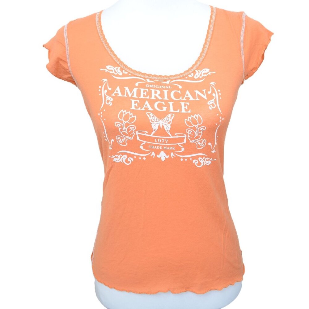 American Eagle Womens Y2K Lace Trim‎ Fitted Top Size S Surf Beach Scoop Neck